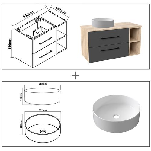 Ensemble Meuble Salle De Bain 99x46x52cm, Lavabo + Miroir LED Ovale, Suspendu