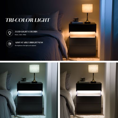 Table De Nuit Avec Lumière LED 3 Tiroirs Pour Chambre à Coucher, Tables De Chevet Noir