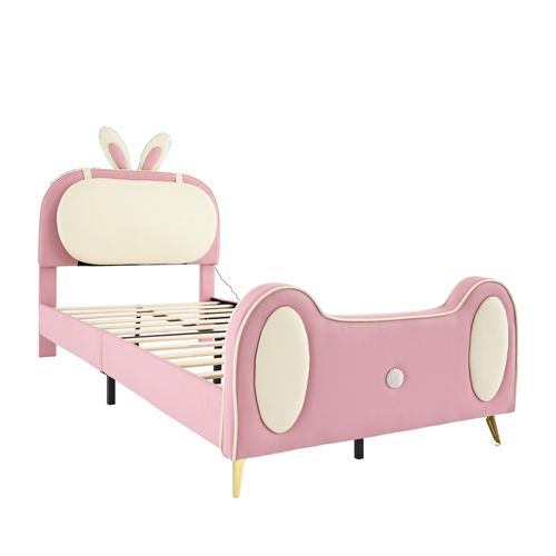 Lit 90x200 Avec Oreilles Lapin - Velours - Lampe LED Intégrée - 2 Tabourets Rangement - Beige/Rose