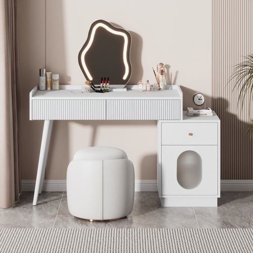 Coiffeuse Avec Miroir, 4 Tiroirs, LED, Prise, Support Pour Sèche-cheveux, Tabouret, En Mdf, Blanc - Coiffeuse