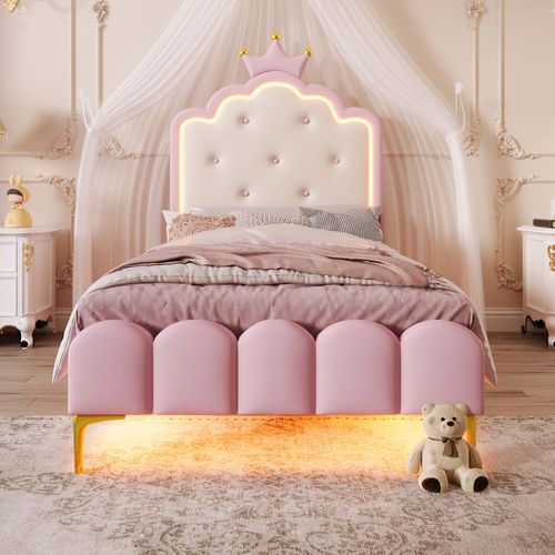 Lit Enfant De Princesse Rembourré 90x200, LED Ambiance Avec Télécommande, Rose