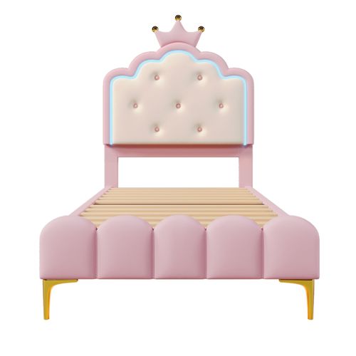 Lit Enfant De Princesse Rembourré 90x200, LED Ambiance Avec Télécommande, Rose