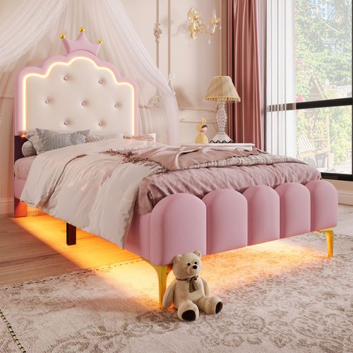 Lit Enfant De Princesse Rembourré 90x200, LED Ambiance Avec Télécommande, Rose