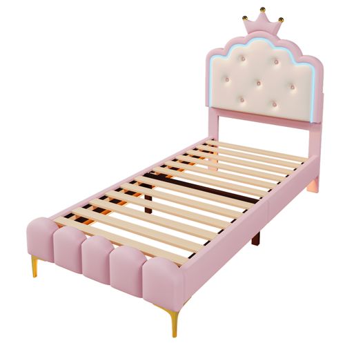 Lit Enfant De Princesse Rembourré 90x200, LED Ambiance Avec Télécommande, Rose