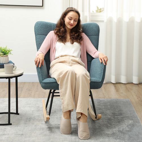 Fauteuil à Bascule 71x92x101 Cm,avec Polaire Sherpa, Bois Massif Et Cadre En Métal，bleu