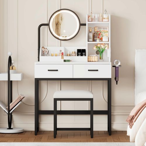 Coiffeuse 80x40x138,5cm Avec Éclairage LED, Miroir Pivotant, Prise De Courant,  Blanc