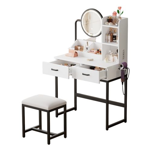 Coiffeuse 80x40x138,5cm Avec Éclairage LED, Miroir Pivotant, Prise De Courant,  Blanc