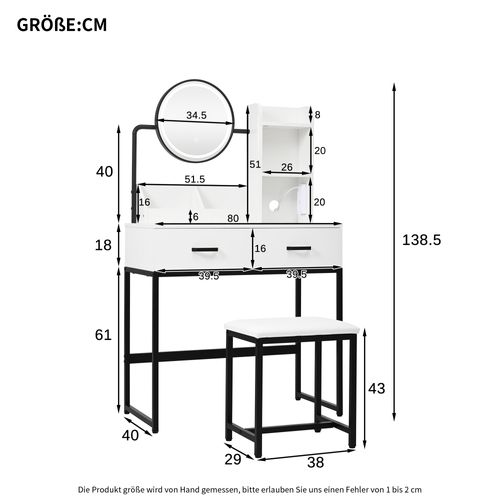 Coiffeuse 80x40x138,5cm Avec Éclairage LED, Miroir Pivotant, Prise De Courant,  Blanc