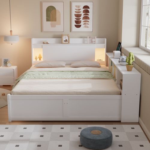 Lit Double 140x200 Cm Avec Tête De Lit Avec Rangement + 2 Lampes - Blanc