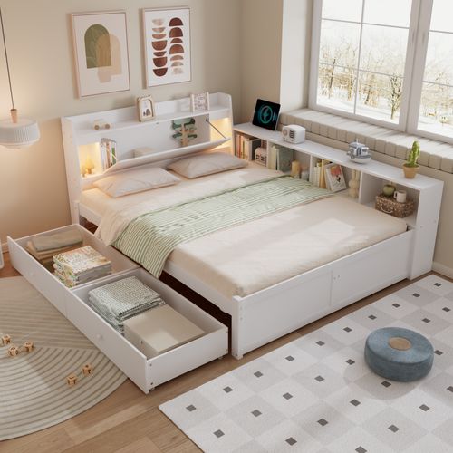 Lit Double 140x200 Cm Avec Tête De Lit Avec Rangement + 2 Lampes - Blanc