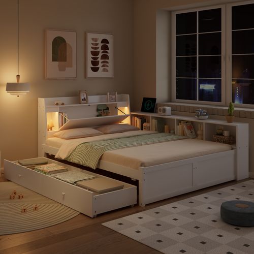 Lit Double 140x200 Cm Avec Tête De Lit Avec Rangement + 2 Lampes - Blanc