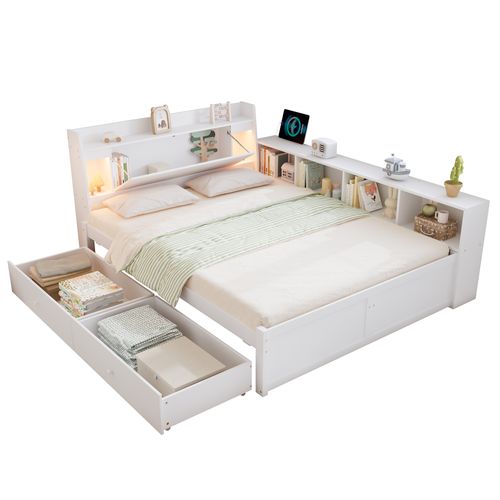 Lit Double 140x200 Cm Avec Tête De Lit Avec Rangement + 2 Lampes - Blanc