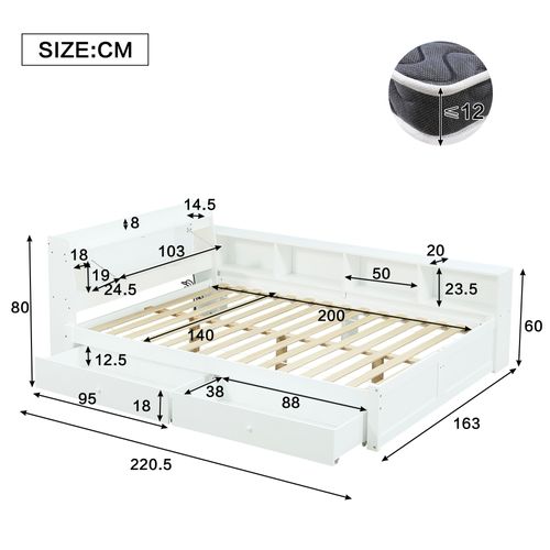 Lit Double 140x200 Cm Avec Tête De Lit Avec Rangement + 2 Lampes - Blanc