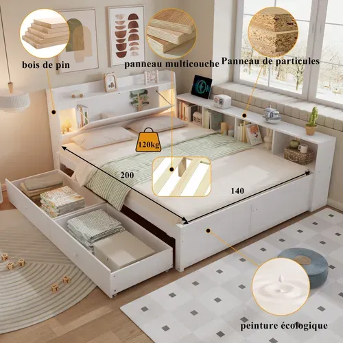 Lit Double 140x200 Cm Avec Tête De Lit Avec Rangement + 2 Lampes - Blanc