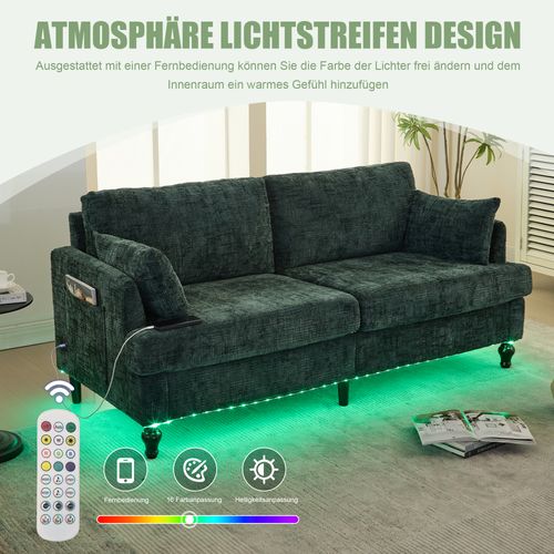 Canapé Double En Tissu Avec Éclairage LED, Port USB Et Pochette De Rangement,vert