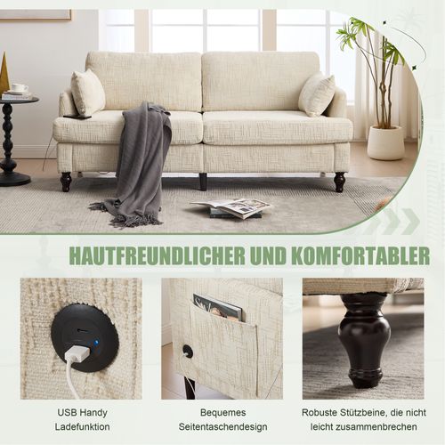 Canapé Double En Tissu Avec Éclairage LED, Port USB Et Pochette De Rangement,beige