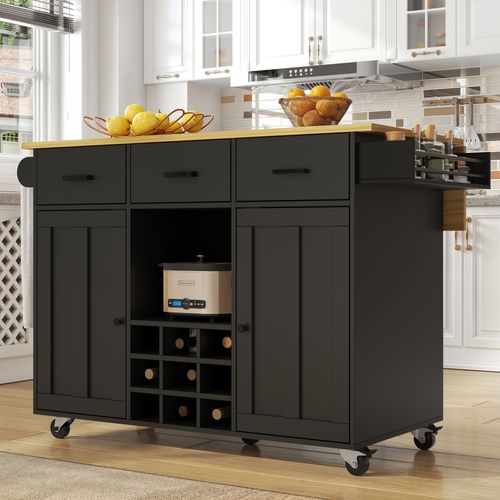Îlot De Cuisine Mobile Avec Rangements Et Plan De Travail Pliable, Tiroirs – Noir