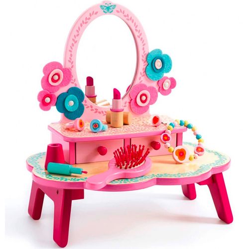 DJECO Coiffeuse En Bois Flora Rose – Jeu D'Imitation Dès 4 Ans, Miroir + 7 Accessoires Beauté, Éco-Responsable