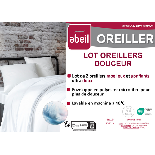 Lot de 2 oreillers 60 x 60 cm polyester moelleux blanc
