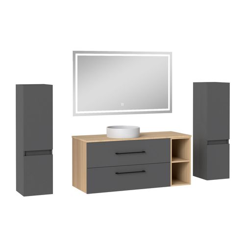 Ensemble Meuble Salle De Bain 120cm Avec Lavabo, Miroir LED + 2 Colonnes 110cm, Anthracite