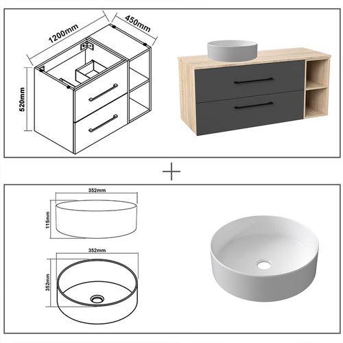 Ensemble Meuble Salle De Bain 120cm Avec Lavabo, Miroir LED + 2 Colonnes 110cm, Anthracite
