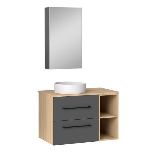 Ensemble Meuble Salle De Bain, Meuble 2 Tiroirs, Vasque Et Miroir De Rangement, 79cm