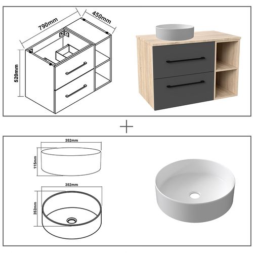 Ensemble Meuble Salle De Bain, Meuble 2 Tiroirs, Vasque Et Miroir De Rangement, 79cm