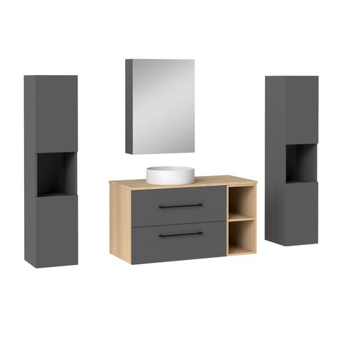 Ensemble Meuble Salle De Bain 2 Tiroirs  + Miroir De Rangement + 2 Colonnes + Vasque, 99cm
