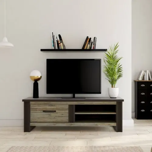 Meuble TV 1 tiroir L.169 cm BAXTER imitation chêne gris vue d'ambiance 1