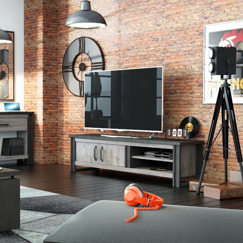 Meuble TV 2 portes L.204  cm BAXTER imitation chêne gris vue d'ambiance 1