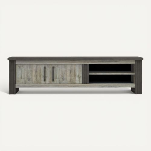 Meuble TV 2 portes L.204  cm BAXTER imitation chêne gris vue de face