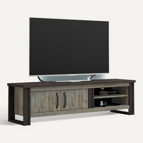Meuble TV 2 portes L.204  cm BAXTER imitation chêne gris vue 3/4