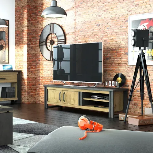 Meuble TV 2 portes L.204 cm BAXTER imitation chêne