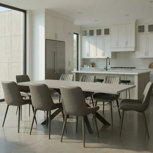 Table L.180 cm pied central BAXTER imitation chêne/ gris vue d'ambiance 1