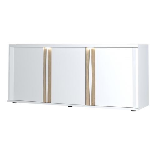Buffet 3 portes INSTA blanc brillant/ décor chêne vue de profil