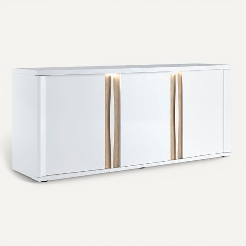 Buffet 3 portes INSTA blanc brillant/ décor chêne vue 3/4