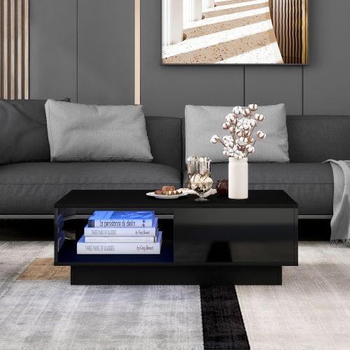 Table Basse Moderne Avec LED 95x55x32, Table De Salon Noir Rectangulaire