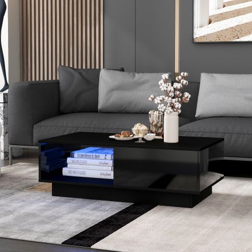 Table Basse Moderne Avec LED 95x55x32, Table De Salon Noir Rectangulaire