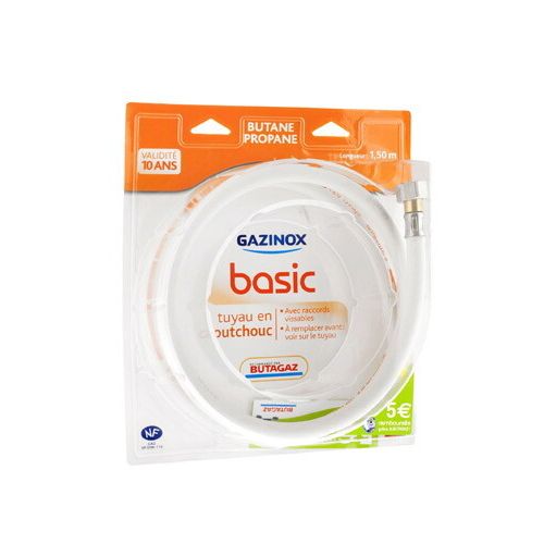 Tuyau de Gaz Butane Propane GAZINOX Basic BP 1,5m caoutchouc vue de face