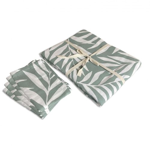 Lot Nappe Rectangle + 4 Serviettes De Table Déperlante Feuillage 140x240cm Vera
