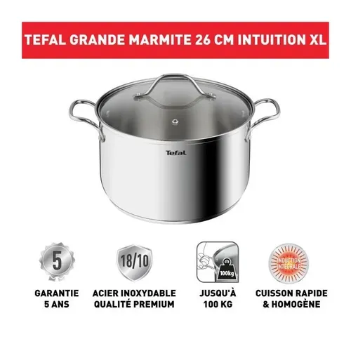 B8646404 Marmite 26 Cm Inox, Tous Feux Dont Induction, Garantie 5 Ans, Poignées Robustes, Couvercle