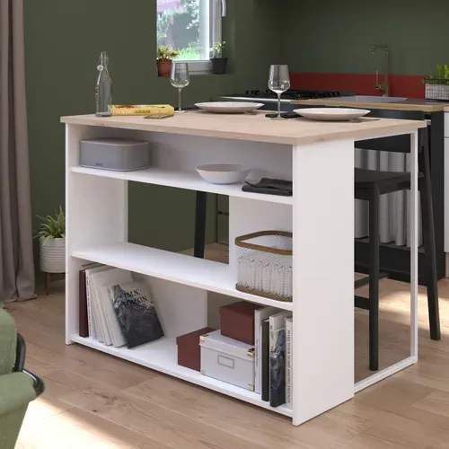 Ilot de cuisine TASTE imitation chêne et blanc vue d'ambiance 1