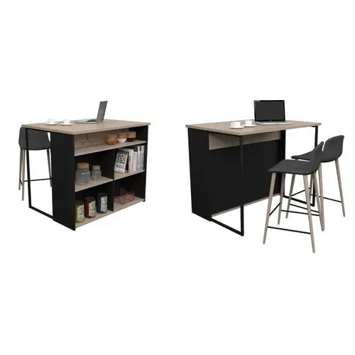 Ilot de cuisine BRUNCH imitation chêne et noir vue détaillée