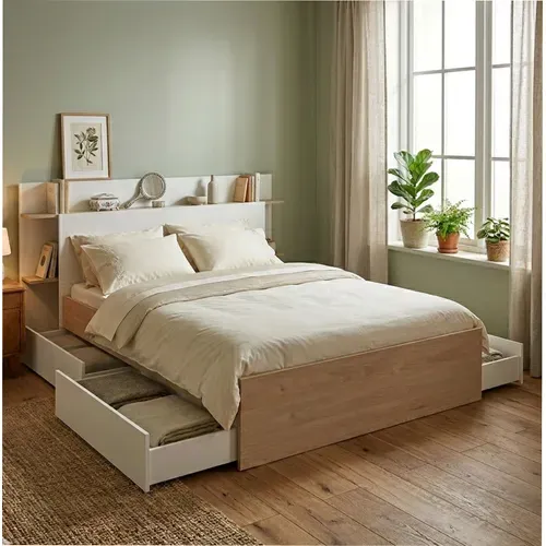 Lit avec rangements et tiroirs 140x190/200 cm NALA imitation chêne et blanc vue d'ambiance 1