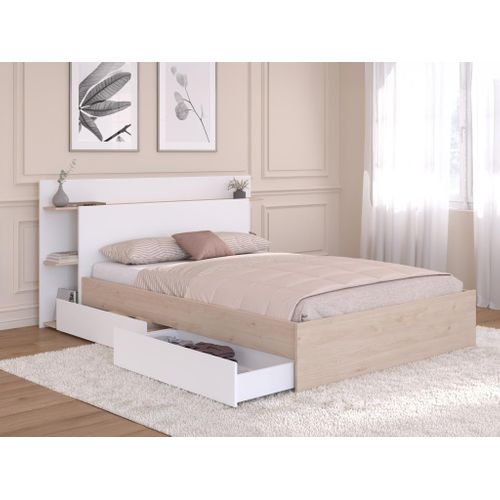 Lit avec rangements et tiroirs 140x190/200 cm NALA imitation chêne et blanc vue détaillée