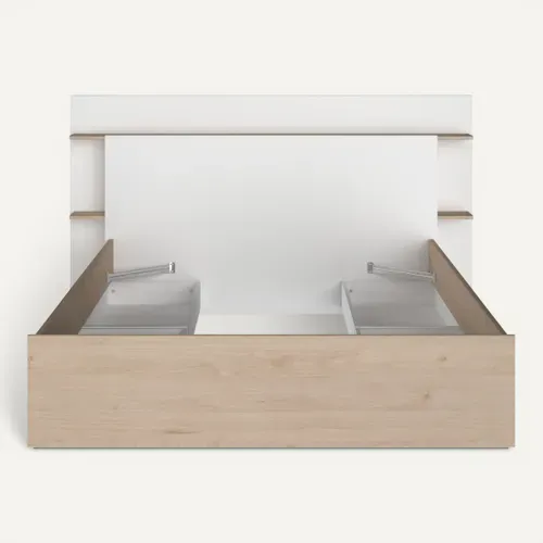 Lit avec rangements et tiroirs 140x190/200 cm NALA imitation chêne et blanc vue de face