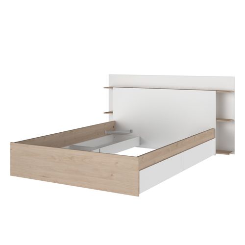Lit avec rangements et tiroirs 140x190/200 cm NALA imitation chêne et blanc vue de profil