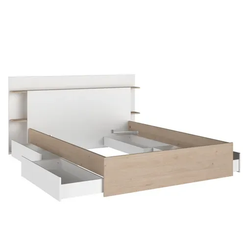 Lit avec rangements et tiroirs 140x190/200 cm NALA imitation chêne et blanc