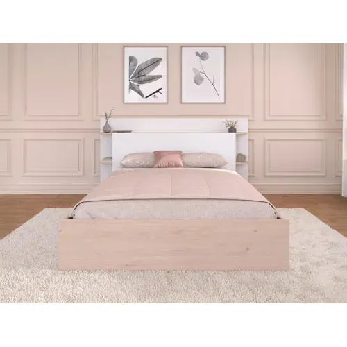 Lit avec rangements et tiroirs 140x190/200 cm NALA imitation chêne et blanc