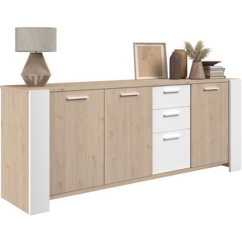 Buffet Bas - Loft - Chene / Blanc - 3 Portes - 3 Tiroirs -